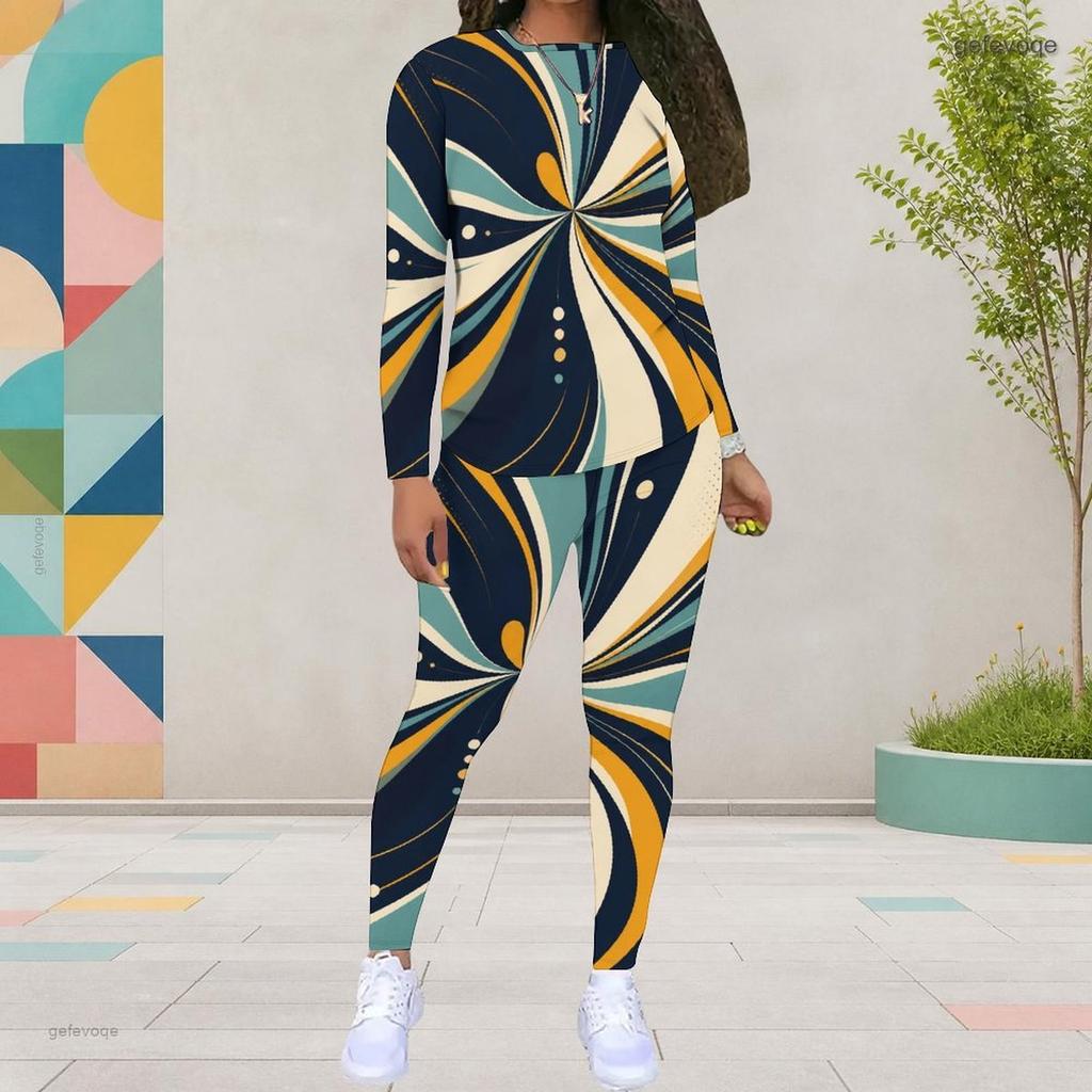 Women Plus Size Patchwork Printed Round Neck Long Sleeve Top And Fitted Pants Two Piece Set