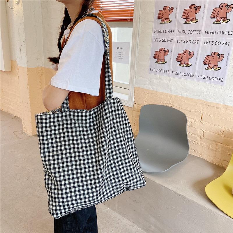 1 Bubble Cotton Double-sided Shoulder Bag Plaid Floral Splicing Canvas Bag Crossbody Small Fresh Shopping Bag
