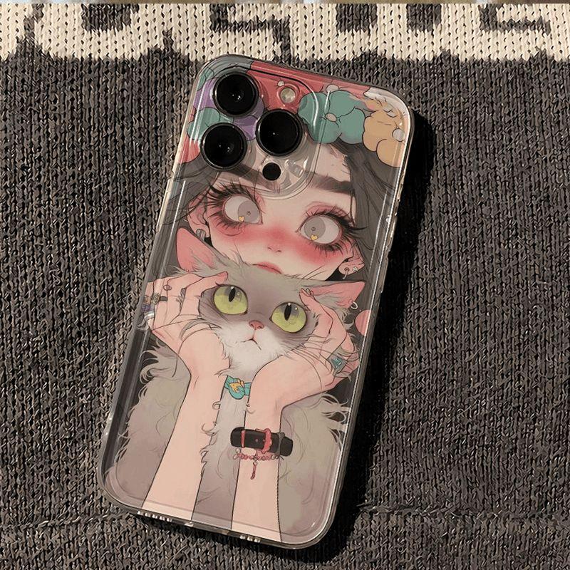 Suitable for iPhone 15 phone case iPhone 14/13 promax soft anti drop Plus cat hugging girl