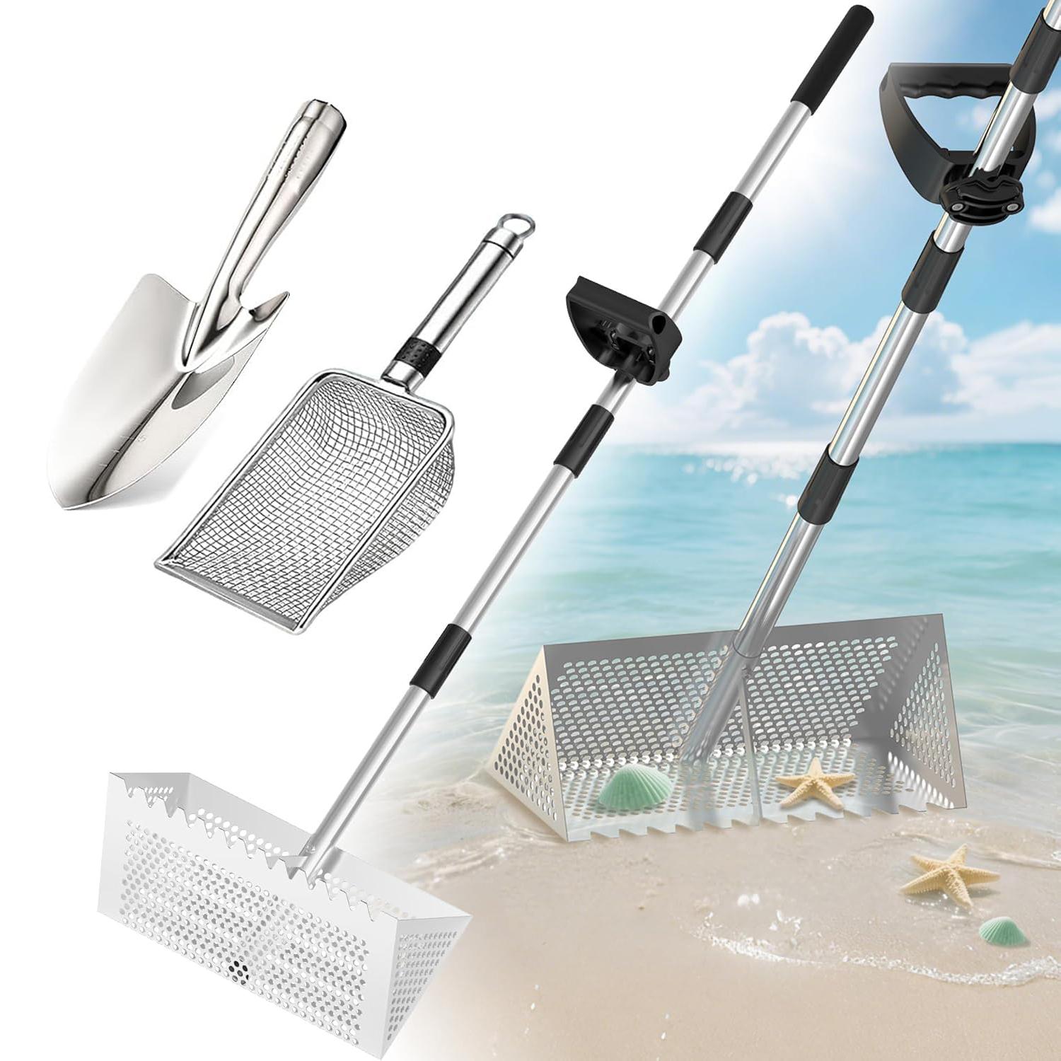 Sand Flea Rake, Sand Sifter for The Beach,Stainless Steel Shark Tooth Sifter with Detachable Mesh & Handle for Collecting Fleas, Shark Teeth&Seashells