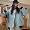 College style baseball jersey round neck rhombus blue cotton jersey women's autumn and winter light and thin short loose thickened cotton-padded jacke