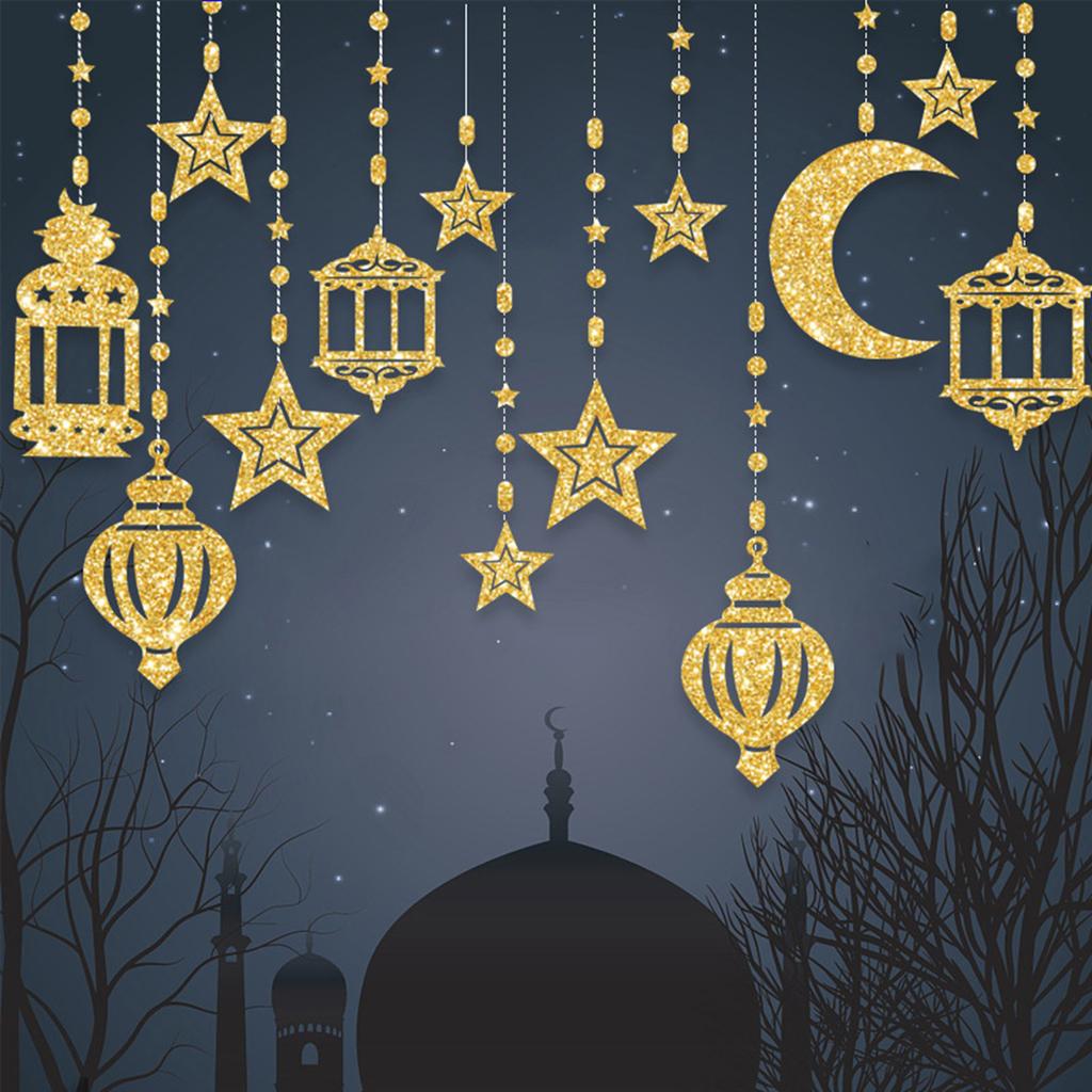 6Pcs Eid Mubarak Islamic Muslims Party Supplies Glittering Banners Star Moon Hanging Ornaments Ramadans Festival Decors