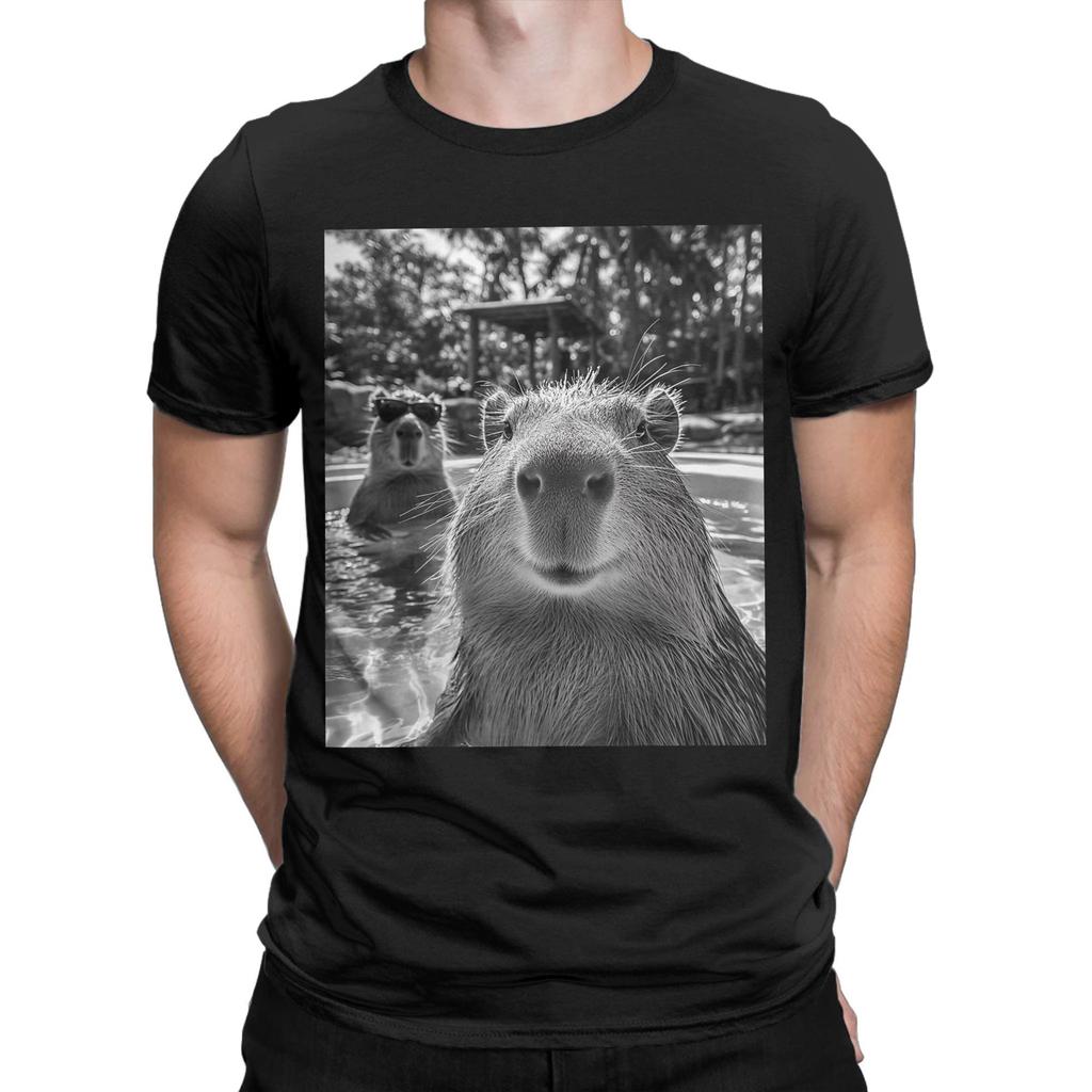Novelty Cool Capybara Selfie T-Shirts for Men O Neck 100% Cotton T Shirt Short Sleeve Tees Gift Idea Tops