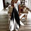 Women Plus Size V Neck Short Sleeve Black White Printed Straight Maxi Dress