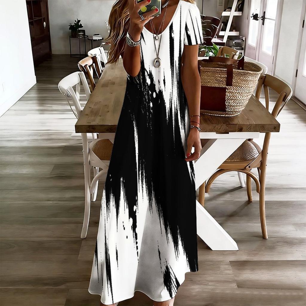 Women Plus Size V Neck Short Sleeve Black White Printed Straight Maxi Dress