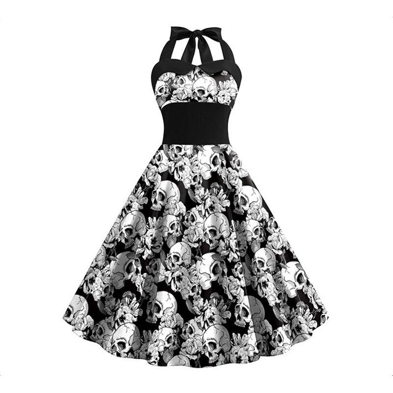 

Fashion Halloween Cartoon Pumpkin Skull Print Halter Slim Fit Back Elastic Sleeveless Dress Women Dress 3631 M