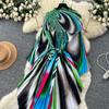 Spring Autumn Women Elegant Print Miyake Fold Cape Robe Batwing Sleeve Oversized Loose Pleated Home Dresses
