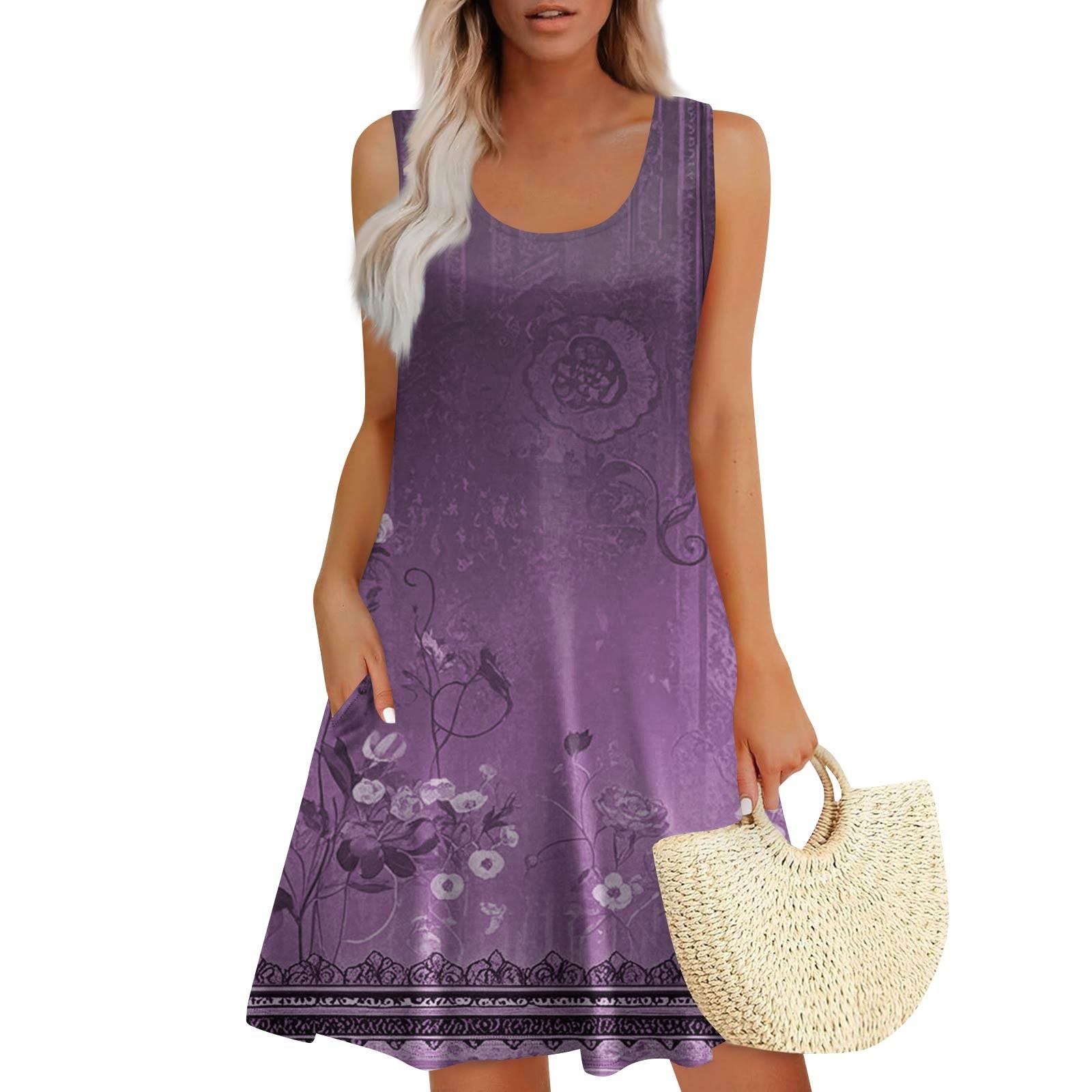 

Женское летнее повседневное платье без рукавов с квадратным вырезом и цветочным принтом, с карманами XXXL фиолетовый