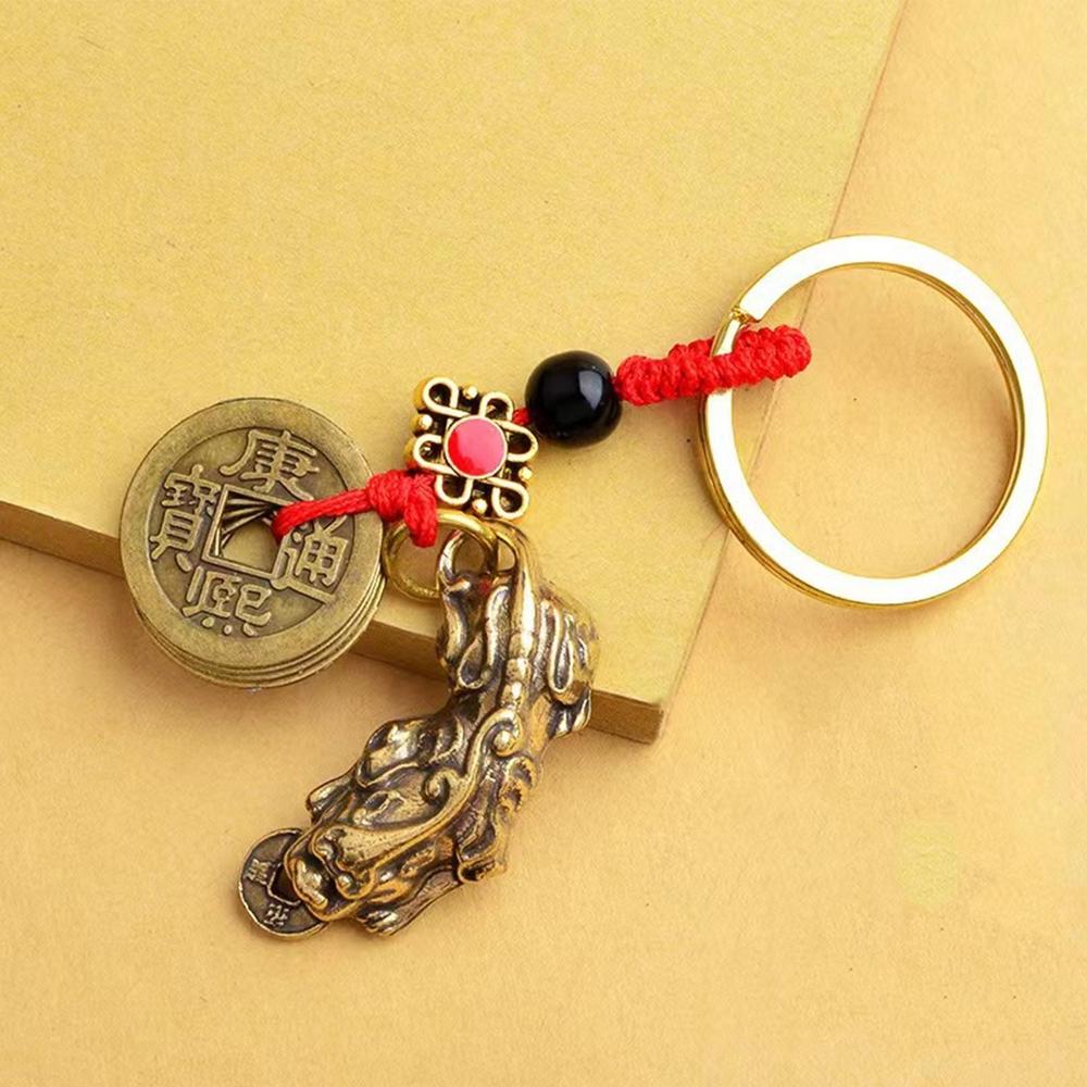 Vintage Lucky Finely Crafted Pure Copper Gourd With Five Emperors CoinsKeychain Charm Feng Shui Keyring Wealth-Attracting Decor