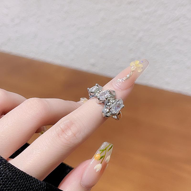 Irregular French Pleated High-End Open Ring Cold Wind Simple Full Of Diamonds Zircon Personality Ring Female