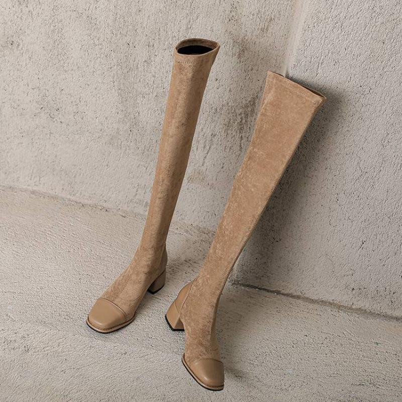 Korean version of the new suede over-knee boots solid color round head square heel sleeve leather boots autumn and winter comfortable rubber sole Mar