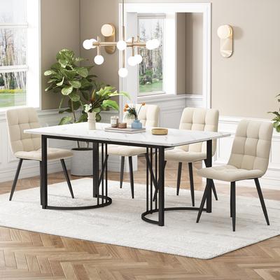 Dining Set (5-Piece), Dining Table with 4 Chairs Set, 140×80cm Kitchen Table with Black Metal Legs, MDF Tabletop In White, Beige Velvet Dining Chairs