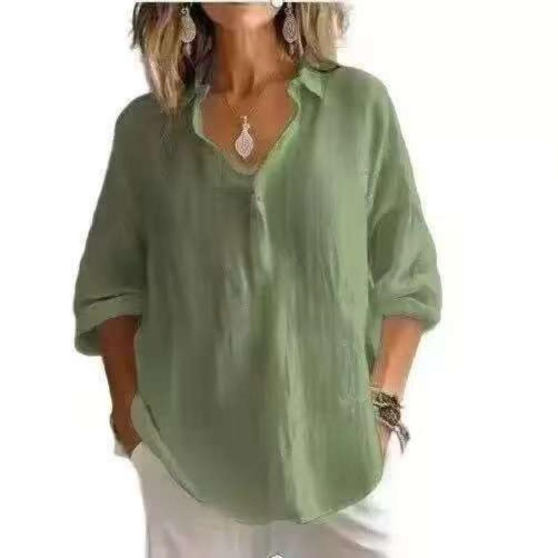 Women's Spring Summer Plus Size Blouse, Solid Color V-Neck Long Sleeve Loose Casual Shirt Top