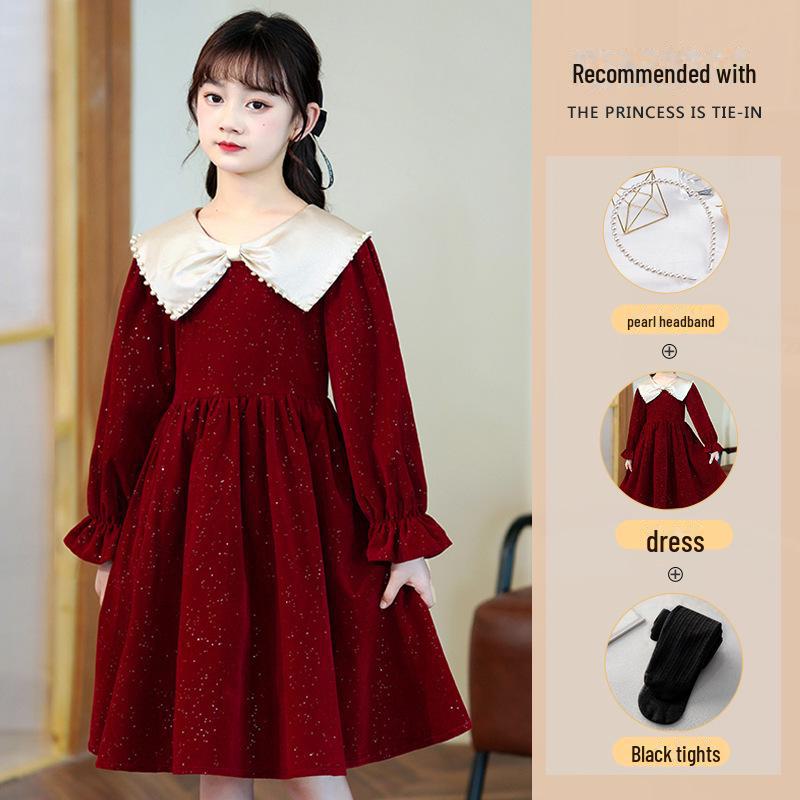 Stylish 2023 Autumn & Winter Girls' Long Sleeve Princess Dress with Velvet