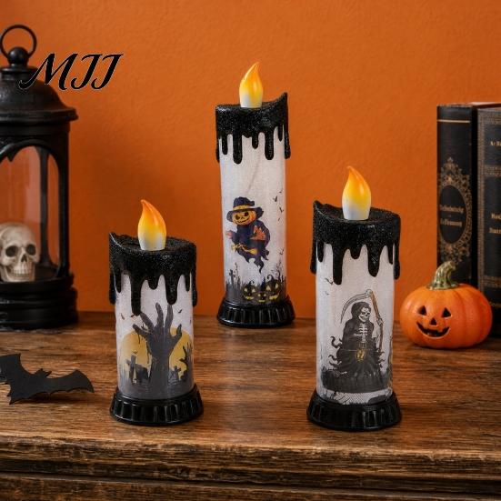 Battery Operated Halloween Candle Electronic Light, Fun Spooky LED Candle, 3-Color Flickering Three-color Luminous Realistic Flame Safe