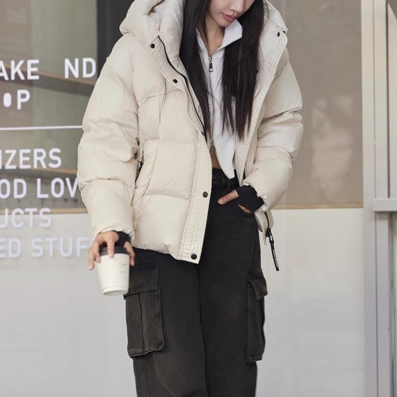 Winter Down Jacket Female White Duck Down Warm Stand Collar Short Puffer Jacket Simple Hooded Thickened Overcoat
