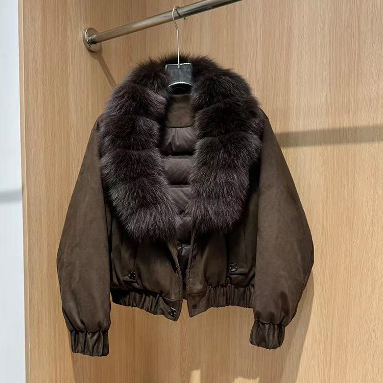 European Autumn and Winter New Suede Fox Big Fur Collar Short Down Jacket Women's Loose and Thin Warm Jacket