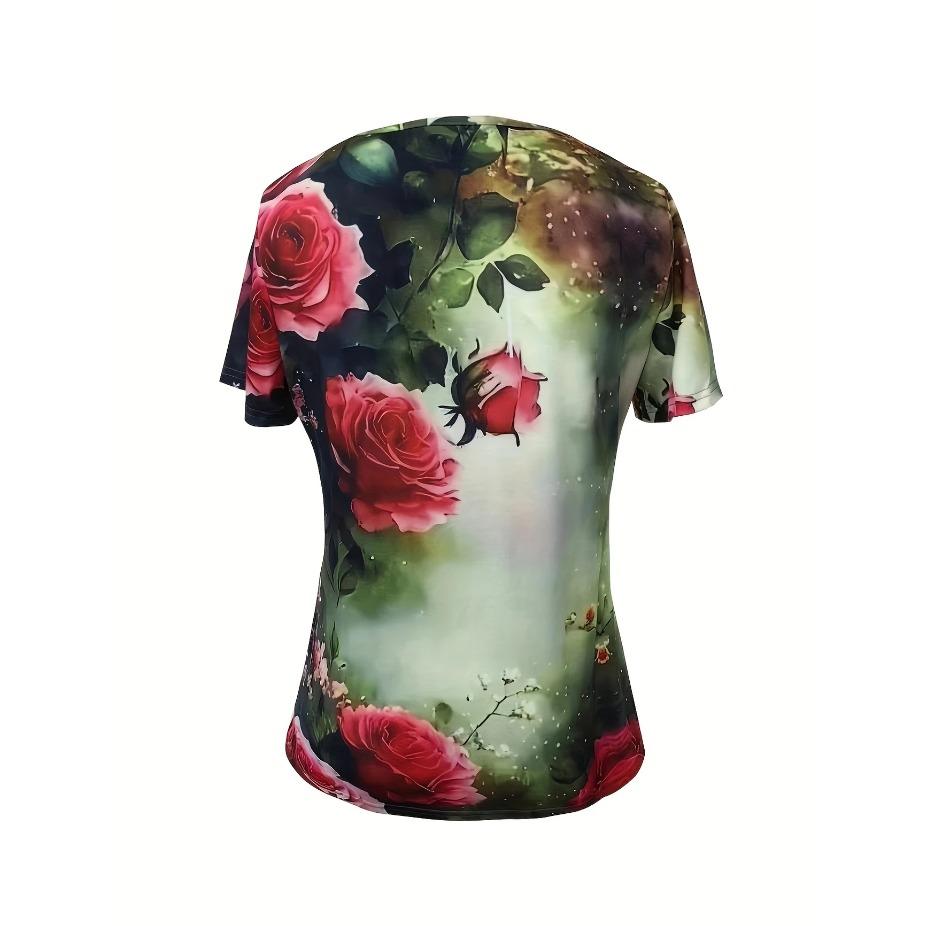 Vibrant Floral Print Short Sleeve V Neck T-Shirt - Women's Leisure T-Shirts for Spring & Summer - Comfortable,