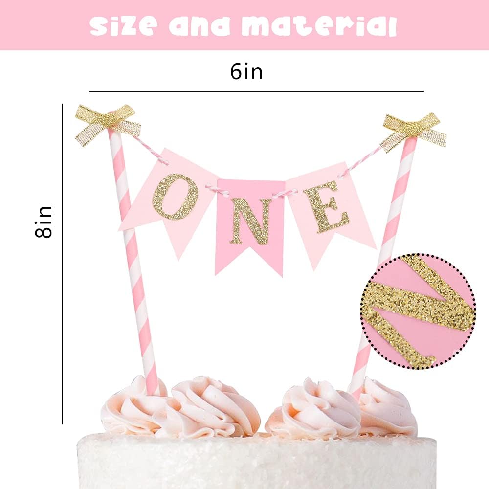 One Cake Topper for Baby Girls - Pink and Gold Cake Topper Banner for 1st Birthday, First Birthday CakeTopper, Paper Straw CakeTopper, Cake Smash