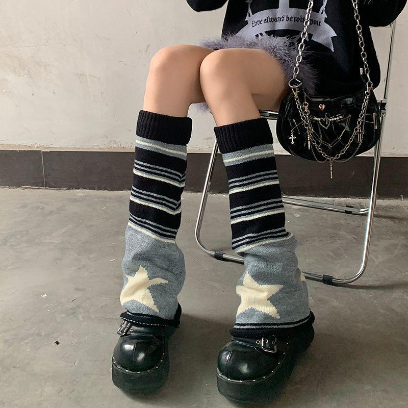 Women's Black and Gray Striped Star Leg Warmers: Knitted Slouch Socks for Spring, Autumn, and Winter - Wide-Leg, Calf, JK Style.