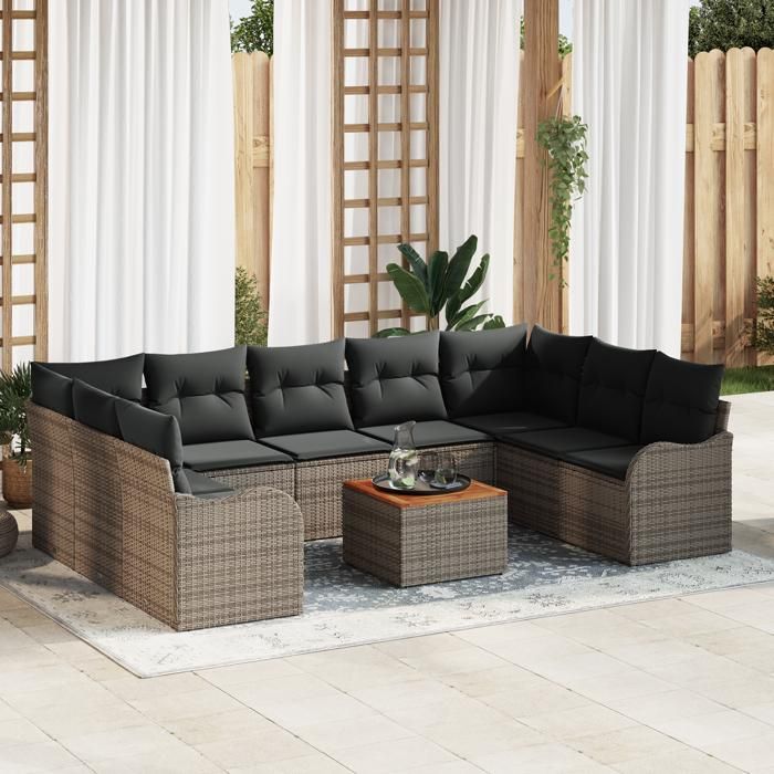 VidaXL Ensemble de canapé de jardin 10 pièces avec coussins en gris, poly rotin, acacia 3356165