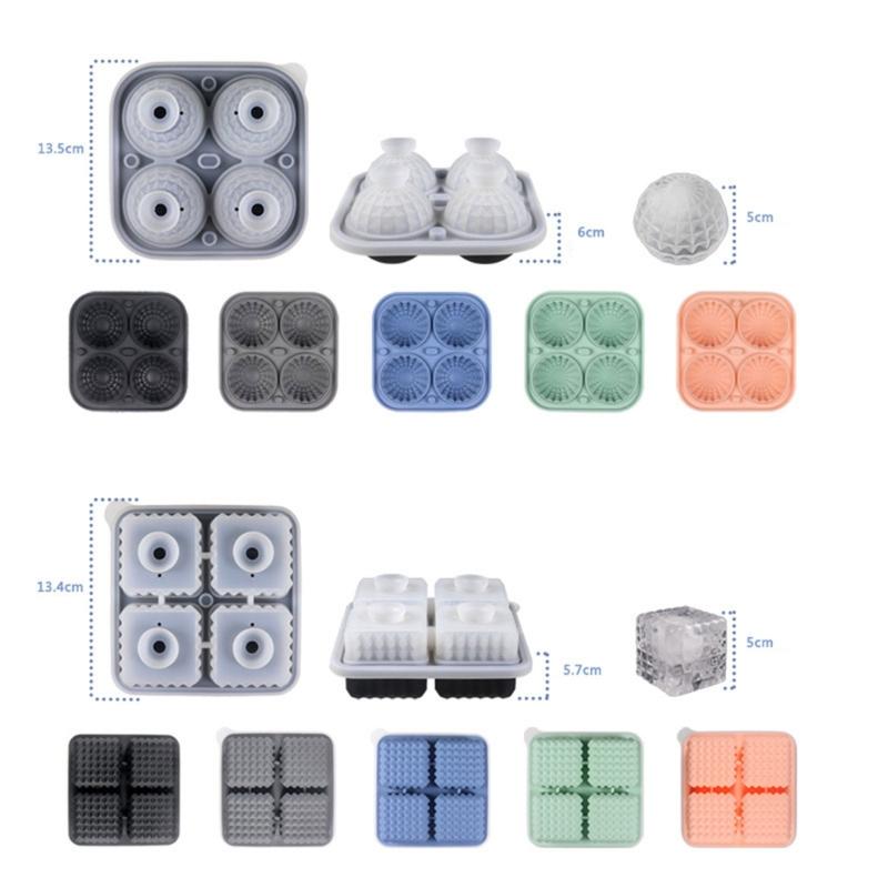 Ice Cube Tray for Freezers 4 Grid Silicone Molds Square Round Ice Makered for Whiskeys Cocktails Bar Tool Easy To Release