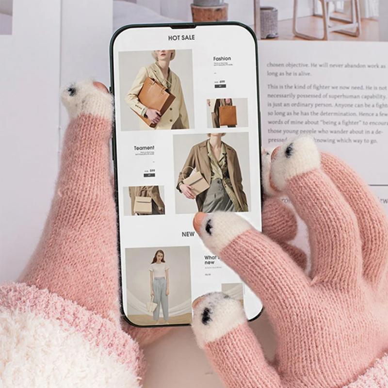 Winter Knitted Gloves Cute Thicken Warm Outdoor Touch Screen Leaky Finger Cold Proof Comfortable Cycling Gloves 1/2/3/4/5 Pairs