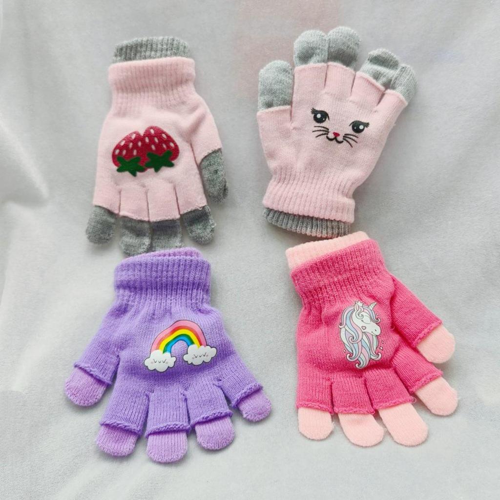 Girls' Double-Layer Knitted Cartoon Gloves - Cute & Warm, Ideal for Primary School Students In Autumn/Winter
