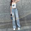 2022 Autumn High Waist Fashion Streetwear Baggy Pants Straight Women's Ripped Jeans Women  Denim Trousers Korean Stytle
