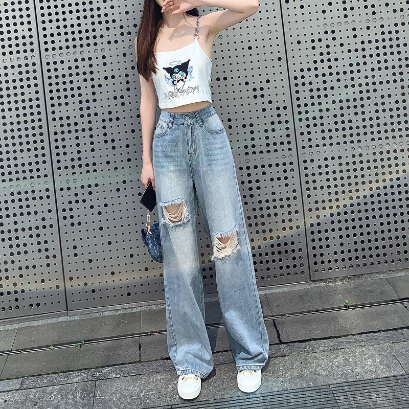 2022 Autumn High Waist Fashion Streetwear Baggy Pants Straight Women's Ripped Jeans Women Denim Trousers Korean Stytle