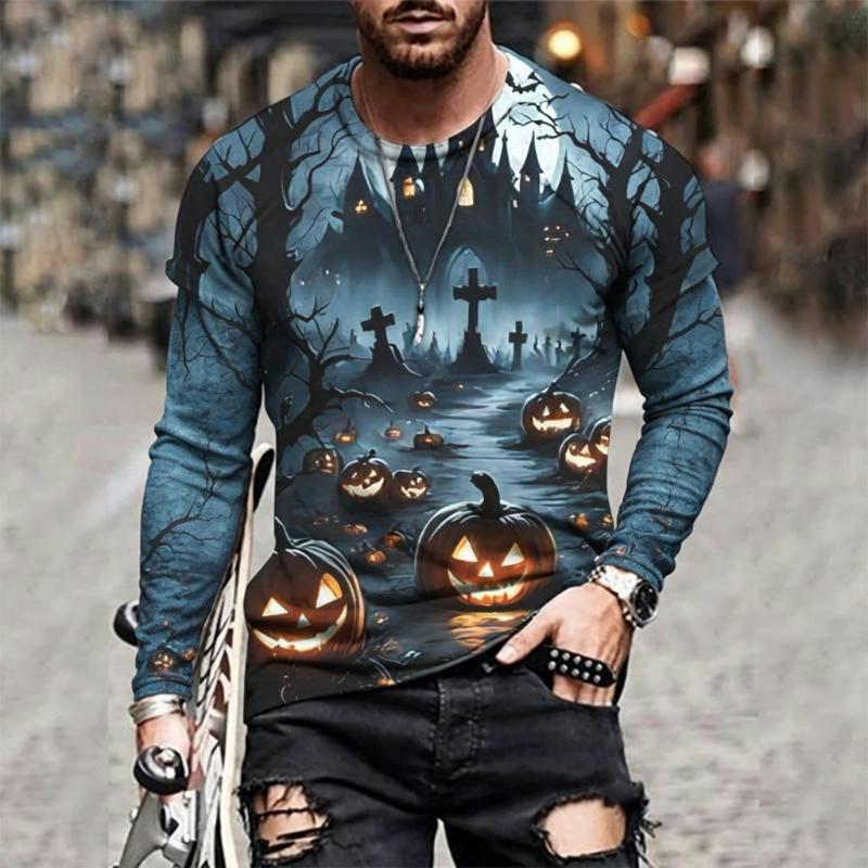 Men Halloween Long Sleeve T‑Shirt 3D Print Ghost Pumpkin Scarecrow Haunted House Horror Graphic Crew Neck Casual Party Tops