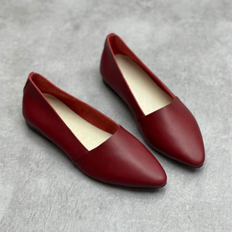 Johnature Sapatos baixos de couro legítimo feitos à mão, bico fino, sola macia, casuais, versáteis, femininos, sem cadarço