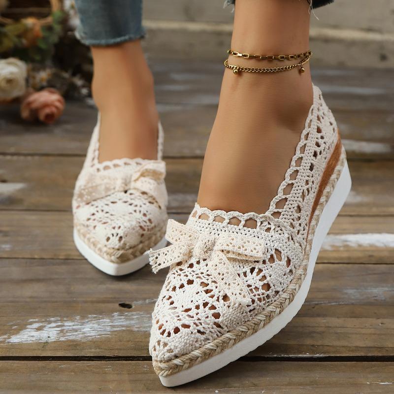 Fashion Woven Mesh Cutout Breathable Bow Single Shoes Autumn New Pointed Toe Mid-Mouth Platform Slip-Proof Heels