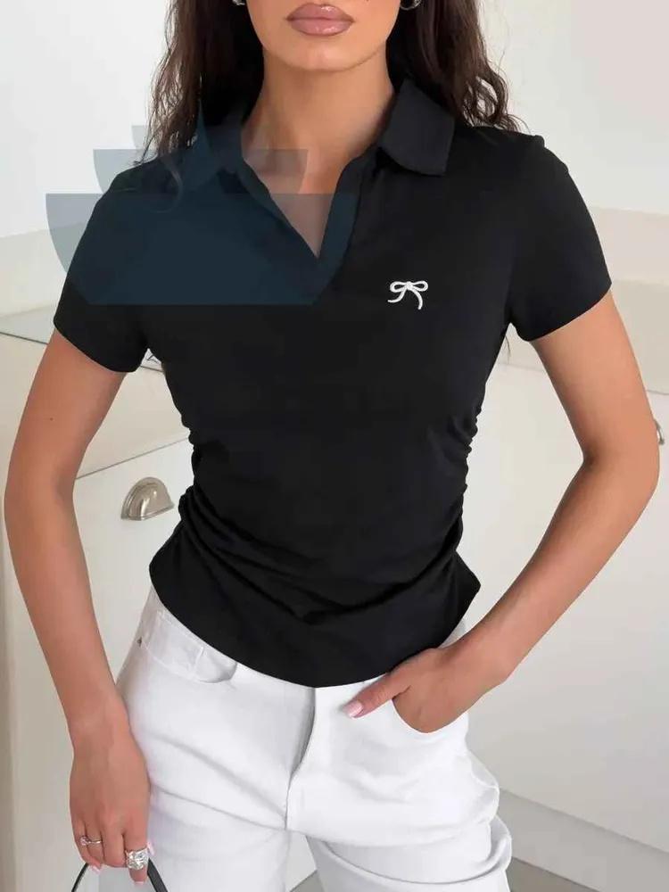 Bowknot Embroidered  Collar Short-sleeved T-shirt For Women, Lapel Slim Fit  Cotton Top