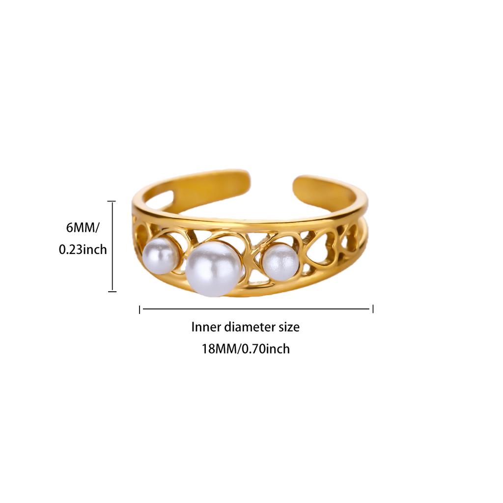 Retro Stainless Steel Imitation Pearl Ring Gold Color Anti Fading Open Rings for Women Mama Wedding Jewelry Vacation Party Gifts