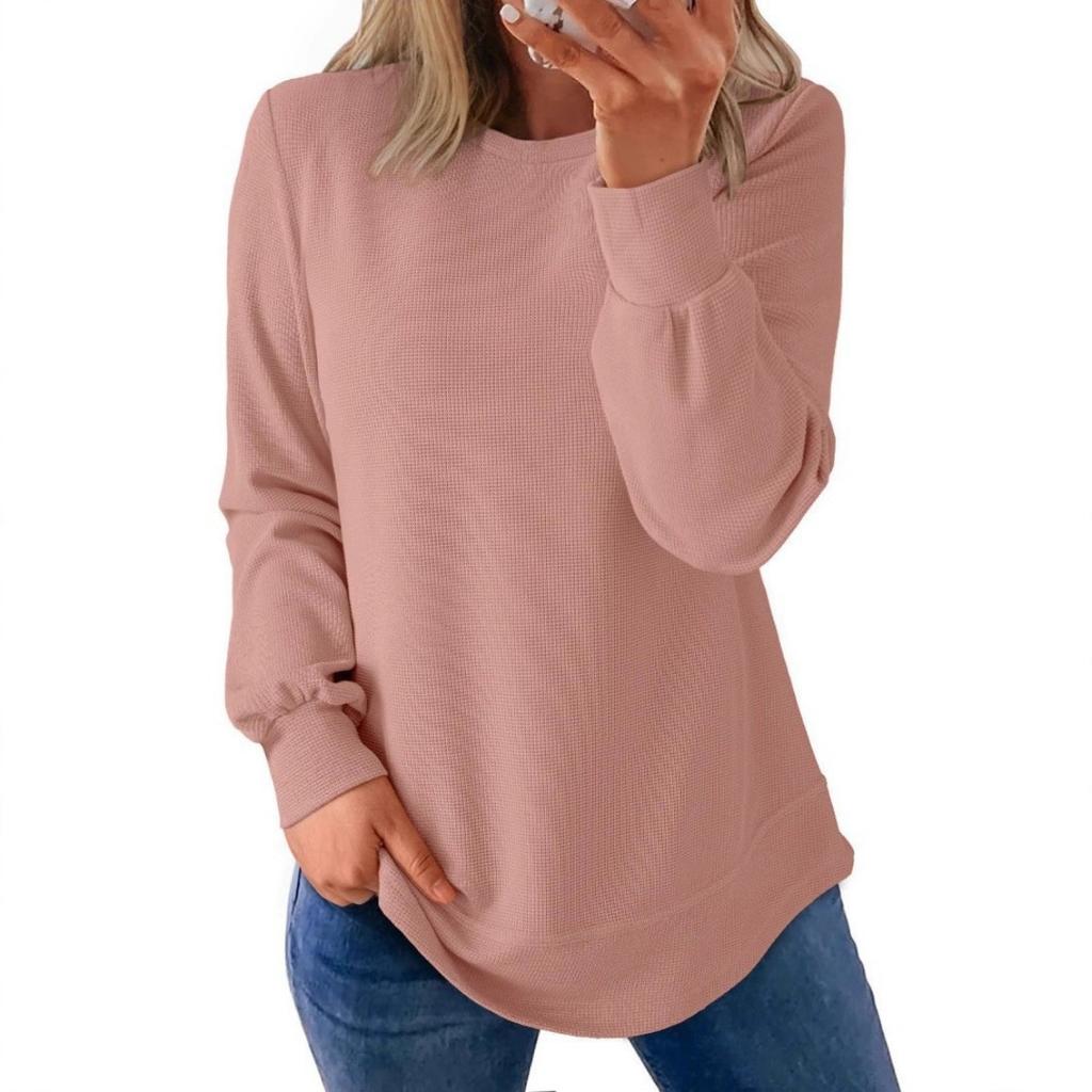Autumn and Winter Waffle New Round Neck Curved Hem Loose Long Sleeved Top