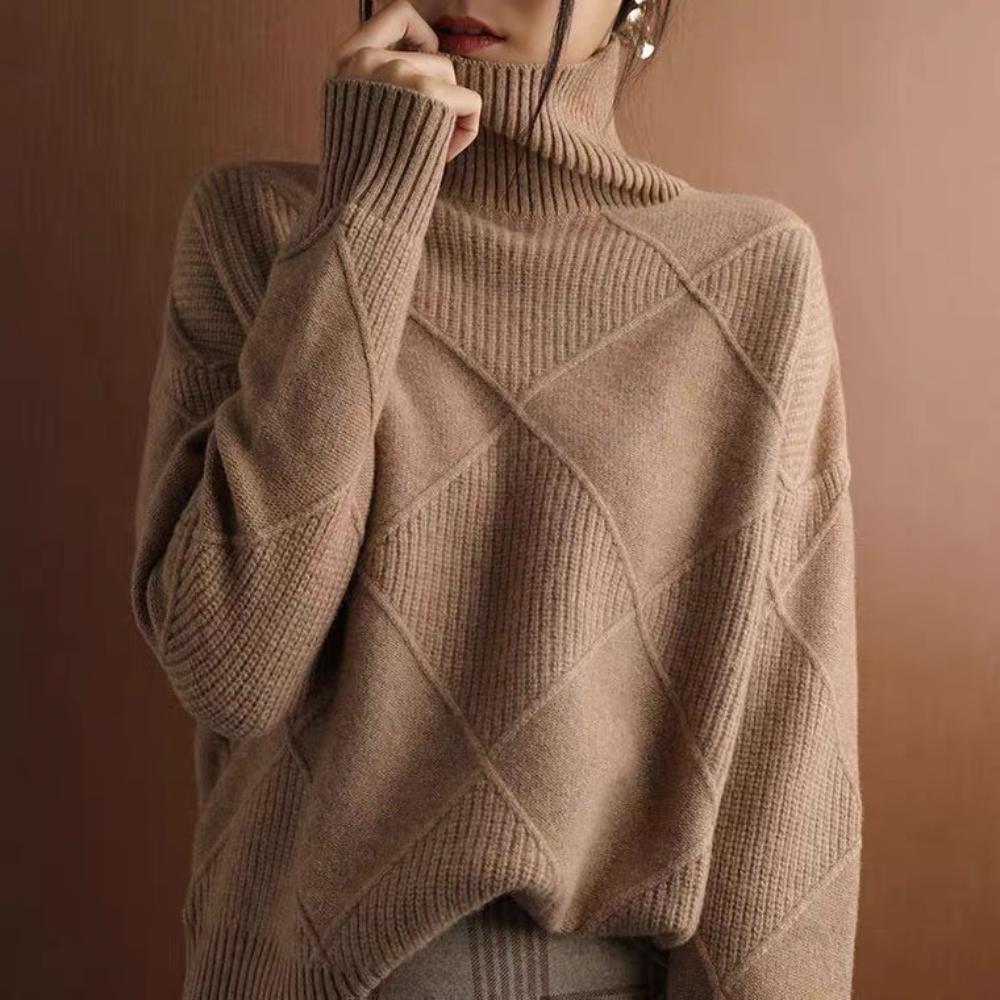 Ladies' High Neck Autumn and Winter Diamond Solid Color Thick Pullover Loose and Lazy Style Knitted Base Sweater