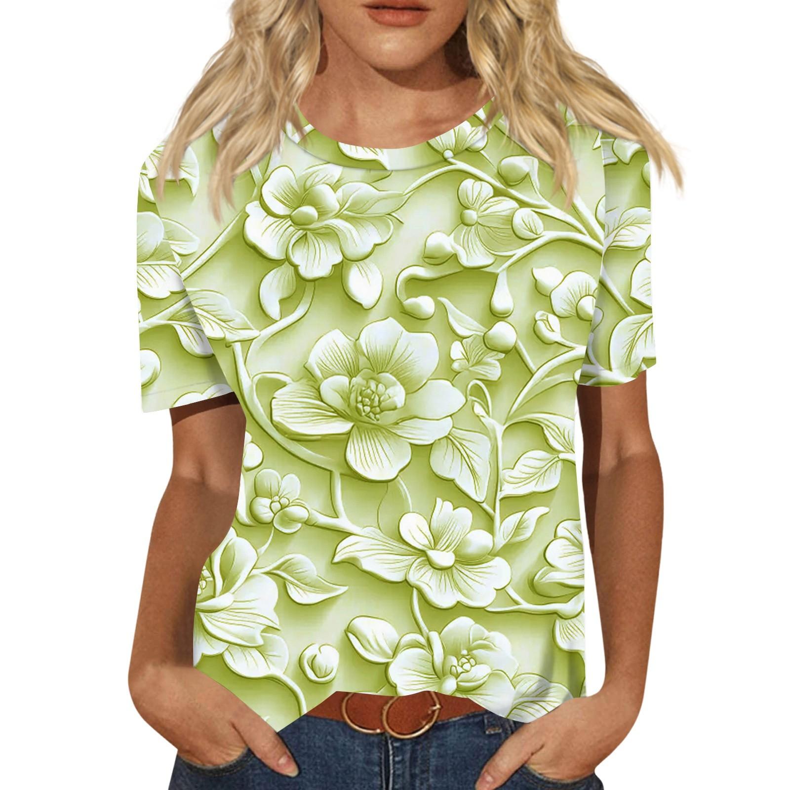 Women s Casual 3D Floral Printed Casual Short Sleeve T-shirt Pullover Round Neck Short Sleeve Top XL жёлтый