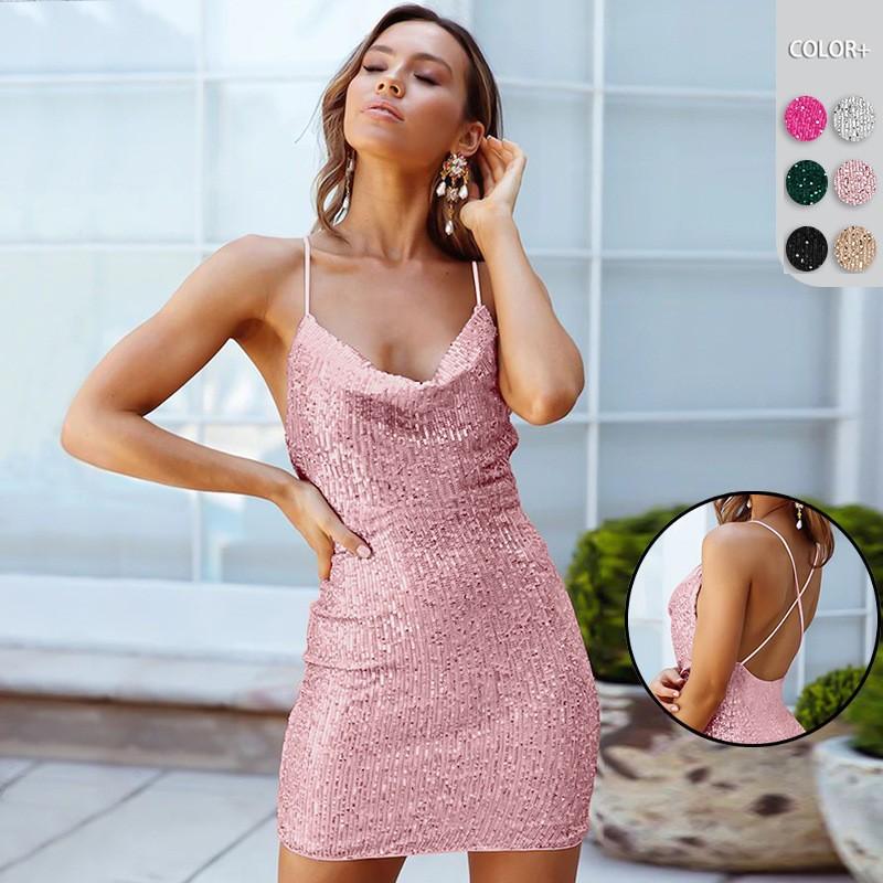 

Летняя Клубная Мода Сексуальное Платье-комбинация с Пайетками Женское Мини Платье без Рукавов Женское Облегающее Платье S розовый