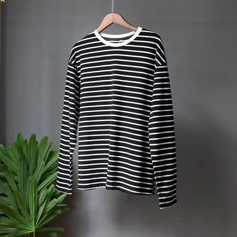 Fashion Loose Casual Cotton Long Sleeve Striped T-shirts Elegant Office-lady O-neck Soft Tops Autumn Women Clothes 29678