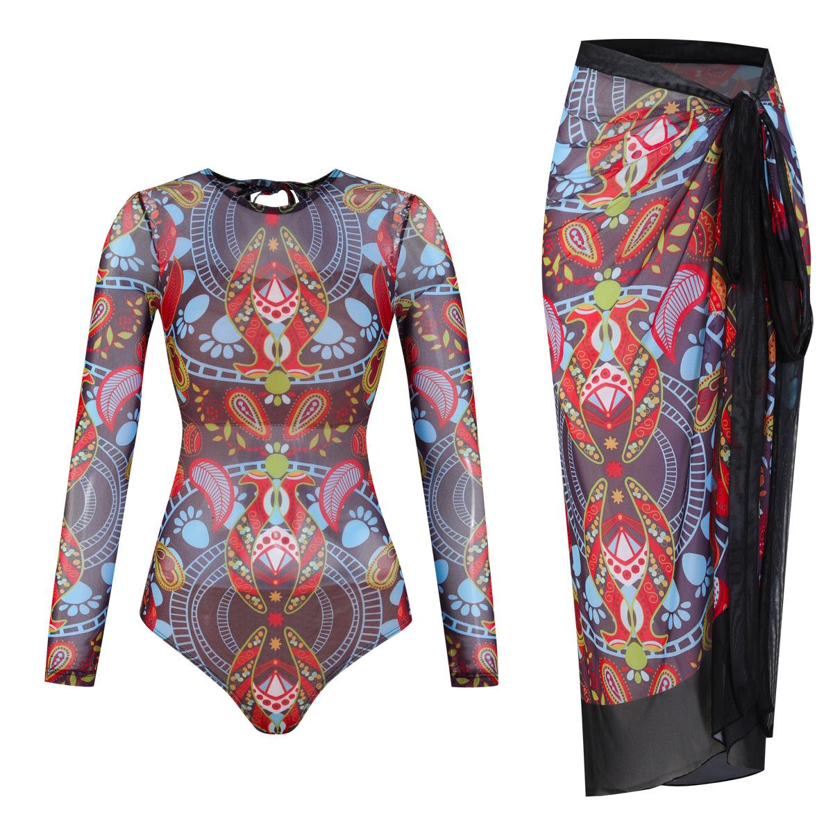 Слитный купальник, Женский ретро сетчатый комплект купальников, Двухсекционный слитный купальник с длинным рукавом, Купальник для отпуска. XS красный