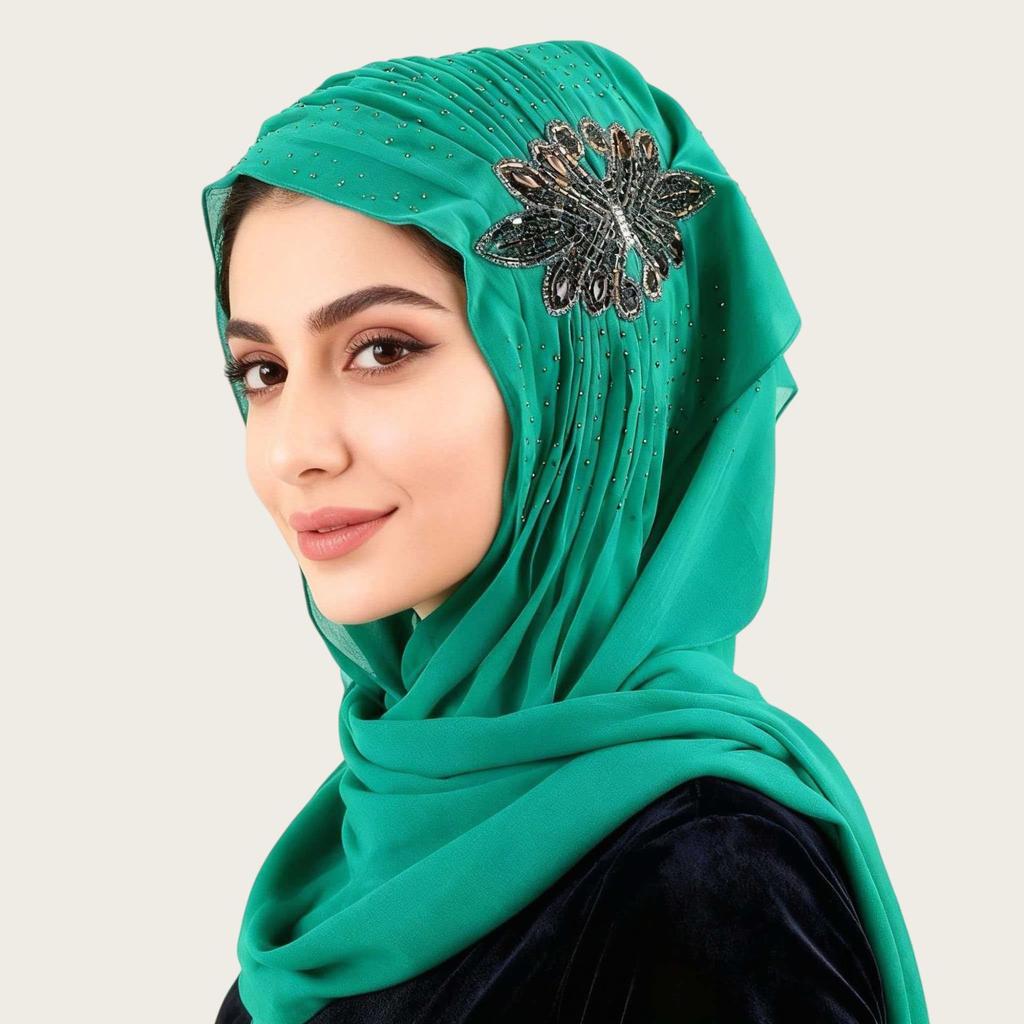 Luxury Rhinestone Chiffon Hijab Scarf Women Muslim Crystal Diamond Headscarf White Wedding Shawl Embroidered Beaded Turban Wrap