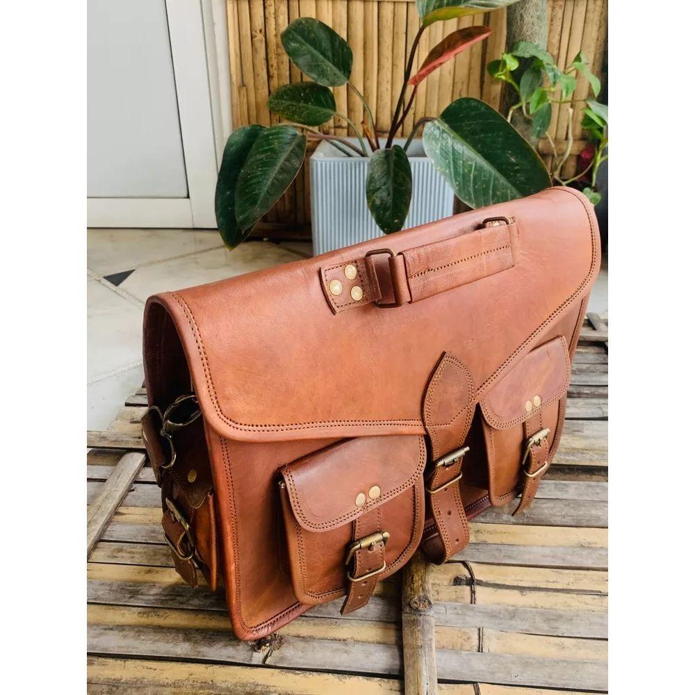Large Real Goat Leather Vintage Brown Messenger Shoulder Bag  ( Free Sling Brown Bag Size -10 x 13 x 4 in )