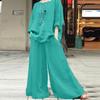 Women's Casual Cotton Linen Set Women's O Neck Long Sleeve Blouses Wide Leg Pants Culottes 2piece Sets Autumn Retro Loose Female Suit