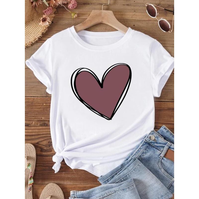 (European Size)  Fashion Print Feather Style Cute Love Trend Women T Shirt Short Sleeve Tee Top Clothing Lady Casual Female Graphic T-shirts