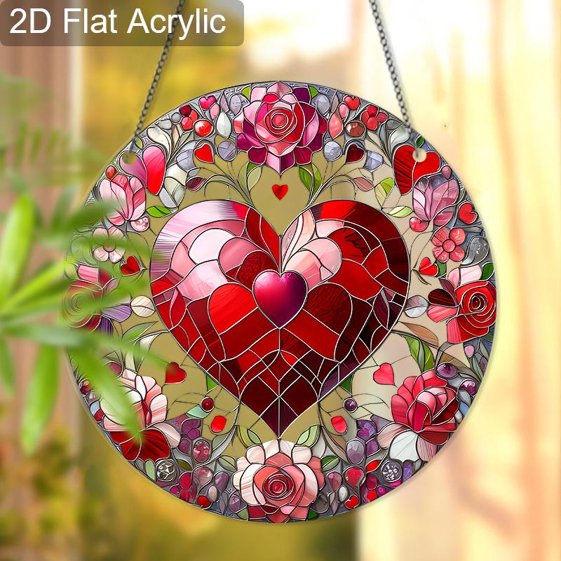 Acrylic Heart & Roses Suncatcher, Stained Glass Effect Window Hanging Ornament for Love & Valentine's Day Lover Gifts