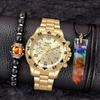 Trendy Men'S Steel Belt Quartz Watch + Bead Bracelet Crystal Pillar Necklace Pendant 3Pcs/Set Men'S Watch