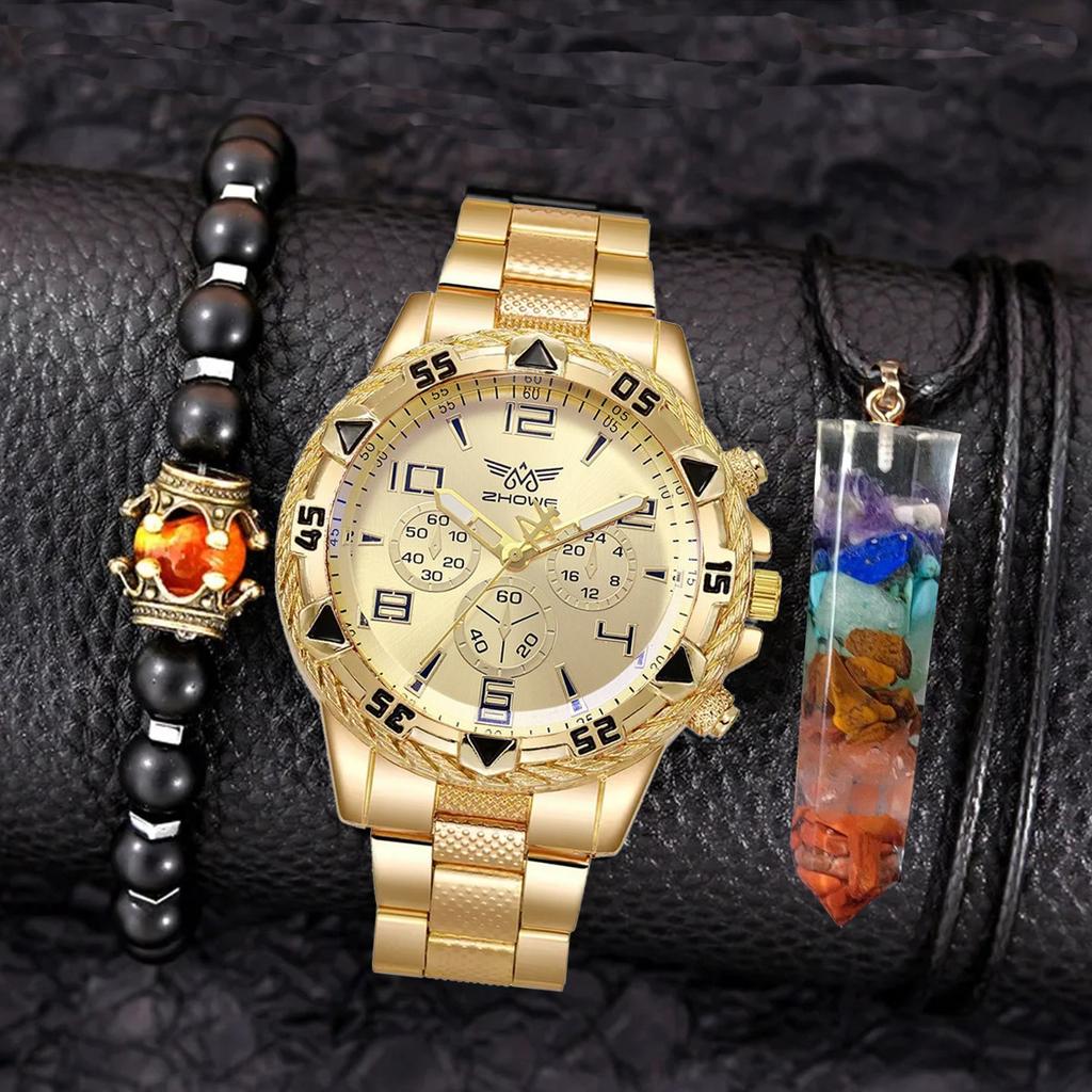Trendy Men'S Steel Belt Quartz Watch + Bead Bracelet Crystal Pillar Necklace Pendant 3Pcs/Set Men'S Watch