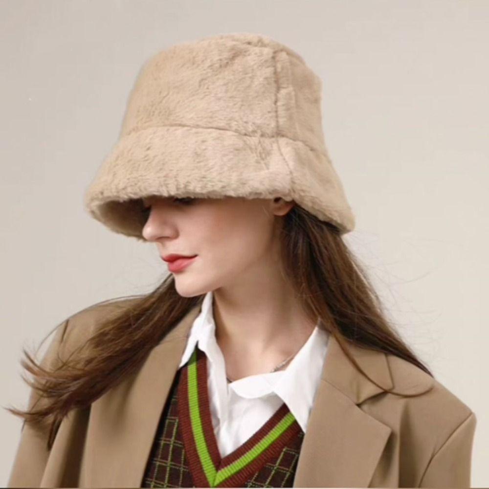 Windproof Women's Plush Hat Imitation Fur Warm Fisherman Hat Personality Wool Bucket Hat  Ladies