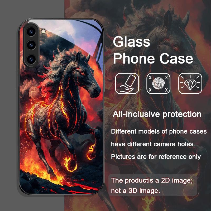 Kreatywne etui ze szkła hartowanego z wzorem czarnego konia i płomieni dla Samsung Galaxy S25 Ultra S24 S23 Plus S22+ S21 S20 FE 5G